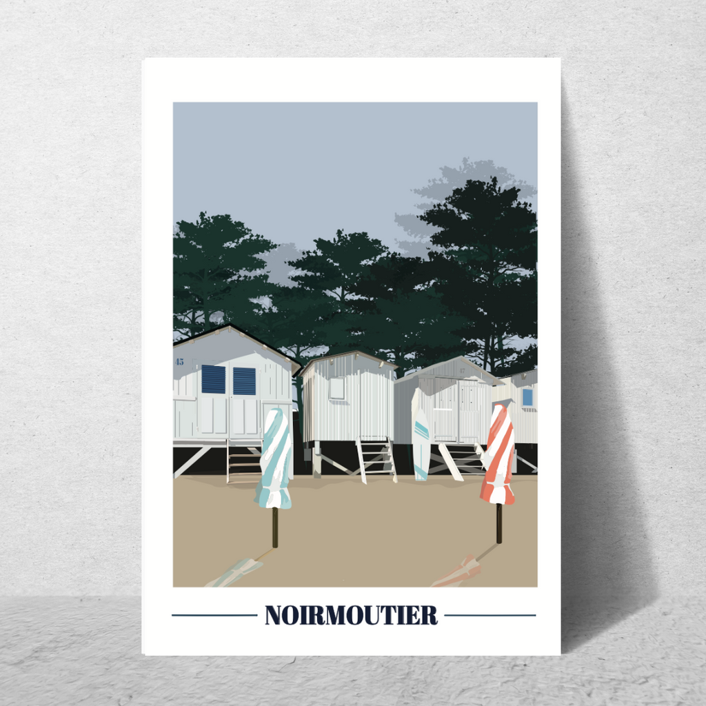 Affiche vintage des cabines sur les plages de l'île de Noirmoutier