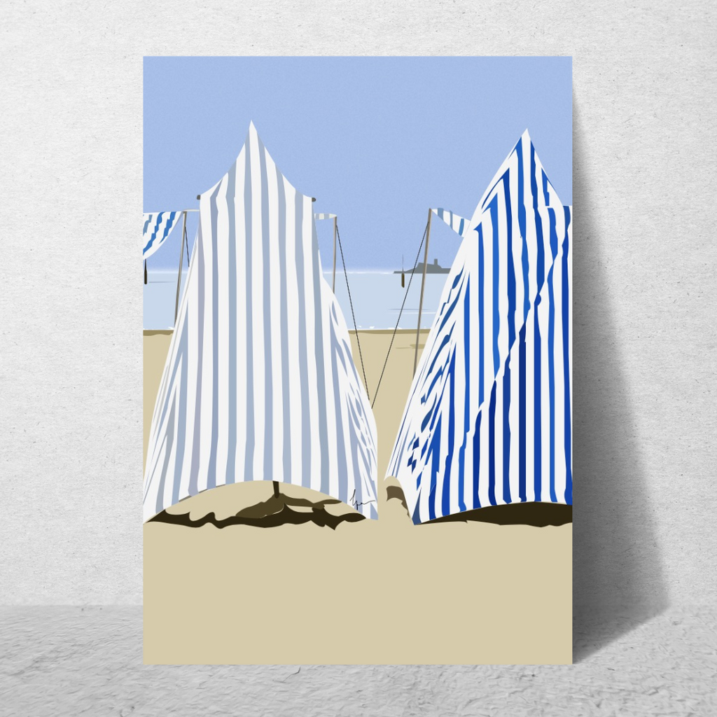 Affiche des tentes de plages rayées blanc et bleues, cadeau original, souvenir de vacances