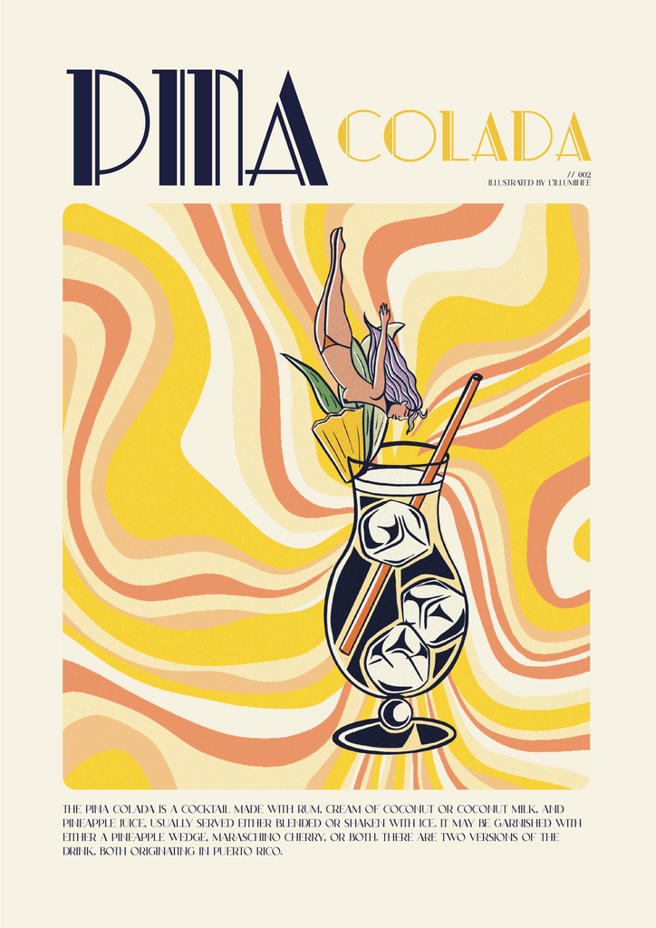 Affiche vintage cocktail pina colada, edition baigneuse