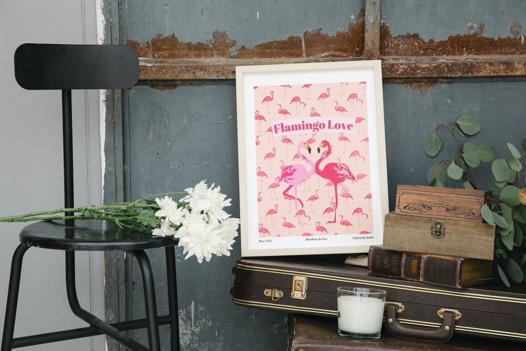 Affiche Flamingo Love cadre en bois naturel, cadeau amoureux, Dolcenola Studio, fabriquée en France